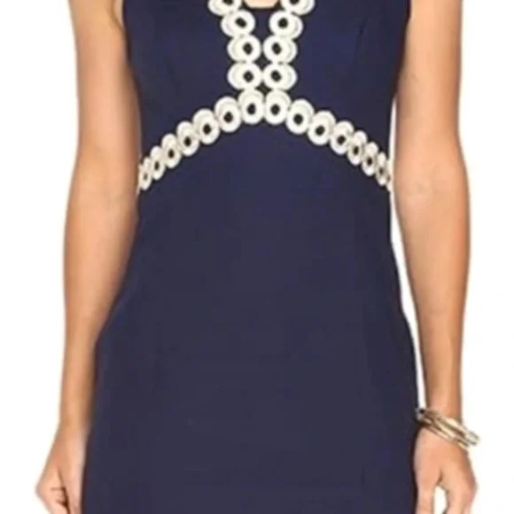 Lilly Pulitzer Essme shift lined Navy Midi Dress with gold Details Sz.10 - Picture 2 of 14